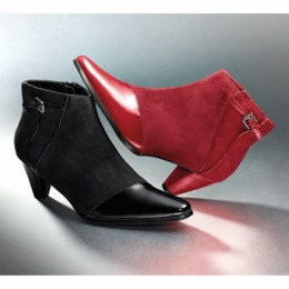 Celestine Women&#39;s Faux-Patent Leather Bootie with Contrasting Faux Suede, , large