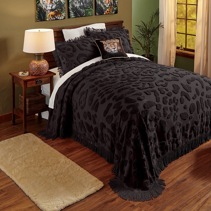 Leopard Chenille Bedspread, Black, large