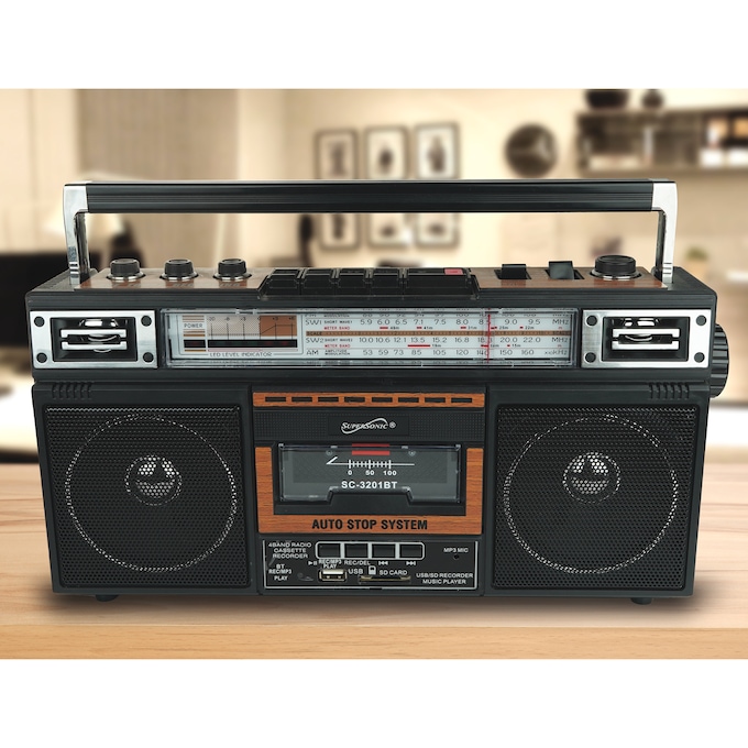 Supersonic 4-Band Radio and Cassette Player with Bluetooth, Wood, large