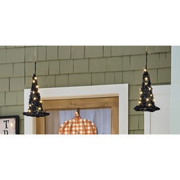 Set of 2 Hanging Lit Grapevine Witch Hats, , large
