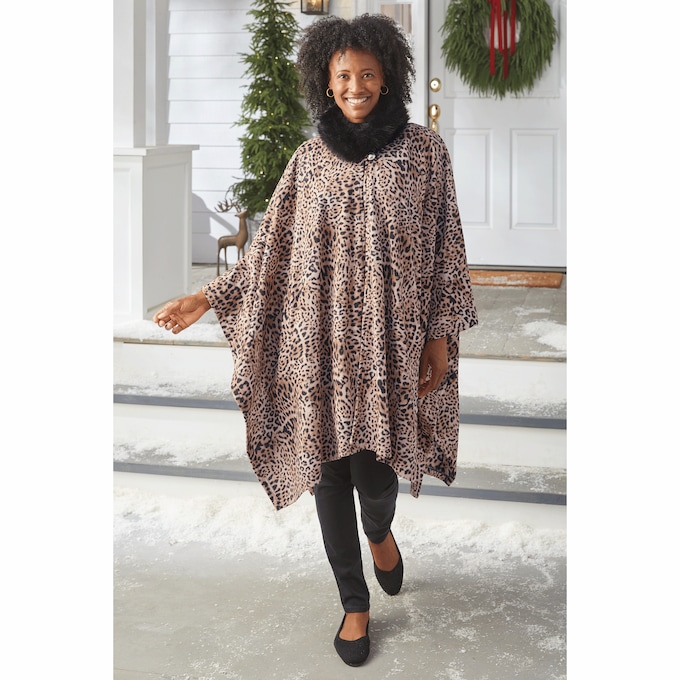 Warm Fleece Cape with Faux-Fur Collar and Pockets, , large