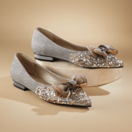 Bow and Glitter Fabric Ballet Flat with Rhinestones, , large