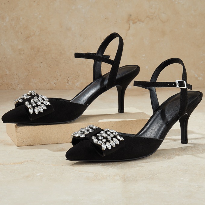 Rhinestone Bow Ankle Strap Heel, Black, large