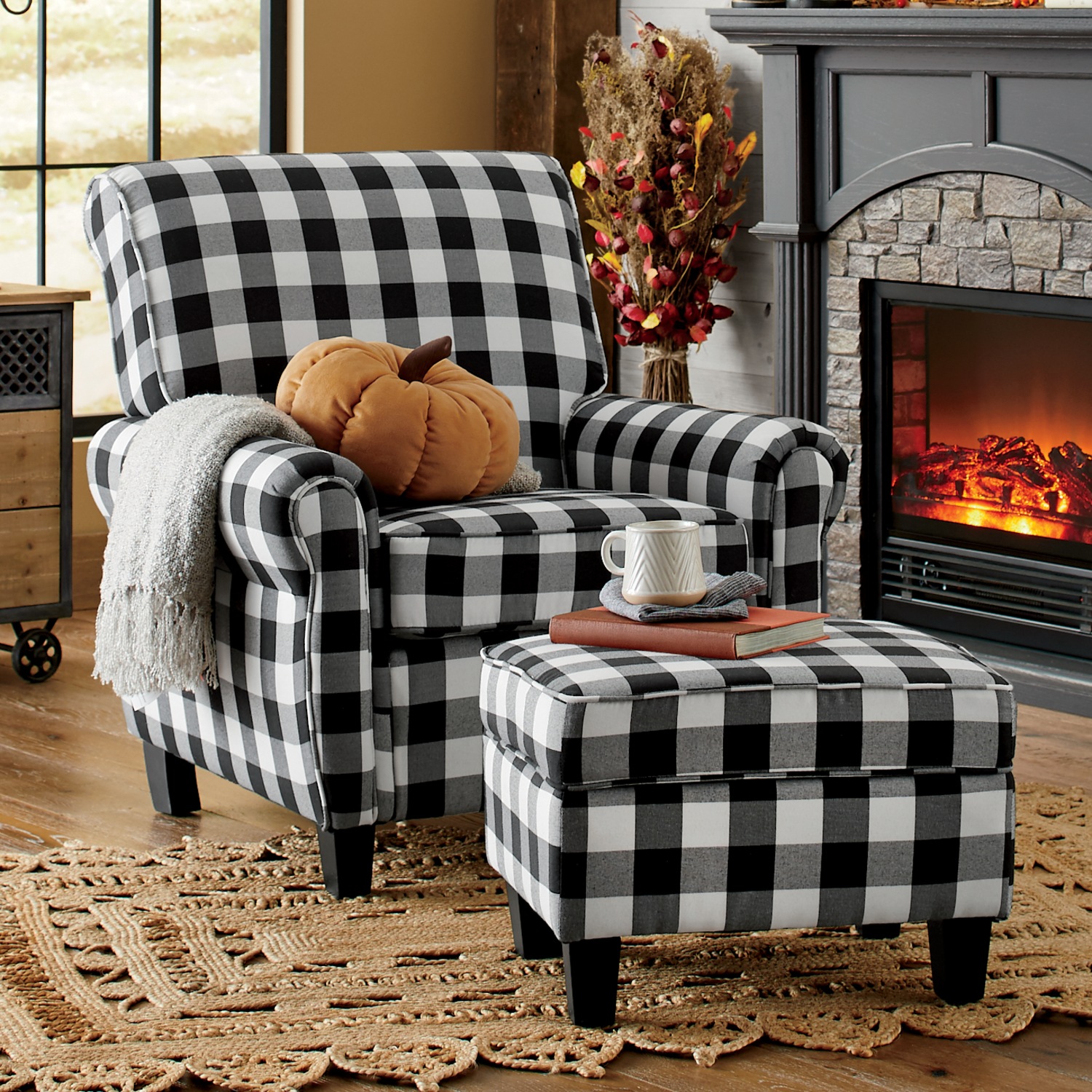 Buffalo plaid shop chair and ottoman
