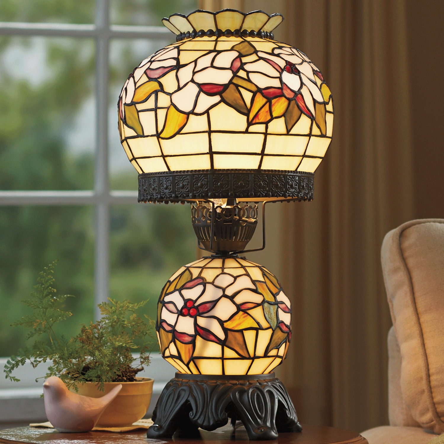 Stained Glass Magnolia Hurricane Lamp Beige