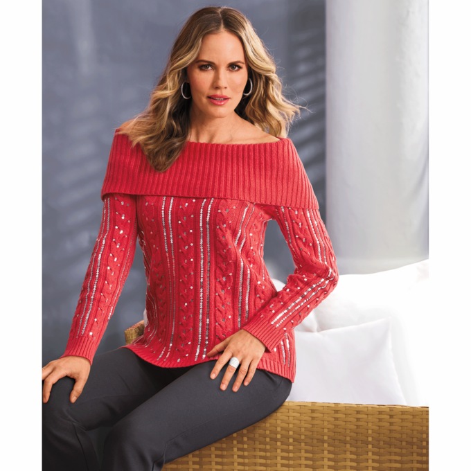 Suzie Sequin Cable Sweater, , large