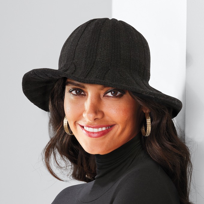 Wool Blend Women's Round Hat with Ribbed Jersey Knit Pattern, , large