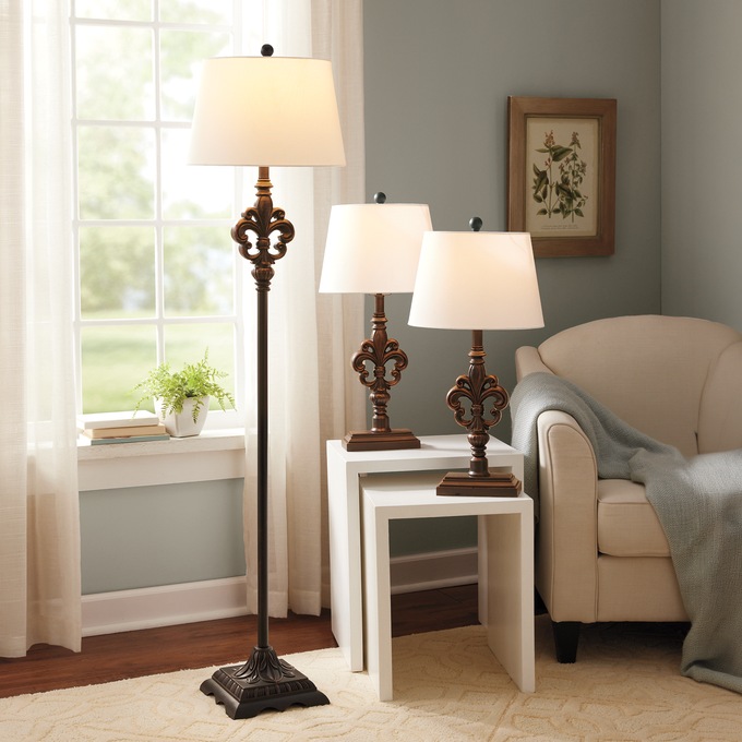 Set of 3 Fleur-De-Lis Lamps, Brown, large