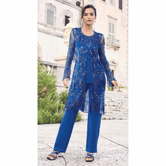 Jozette 3-Piece Pant Set with Sheer Sequined, Embroidered, Fringe Jacket, , large