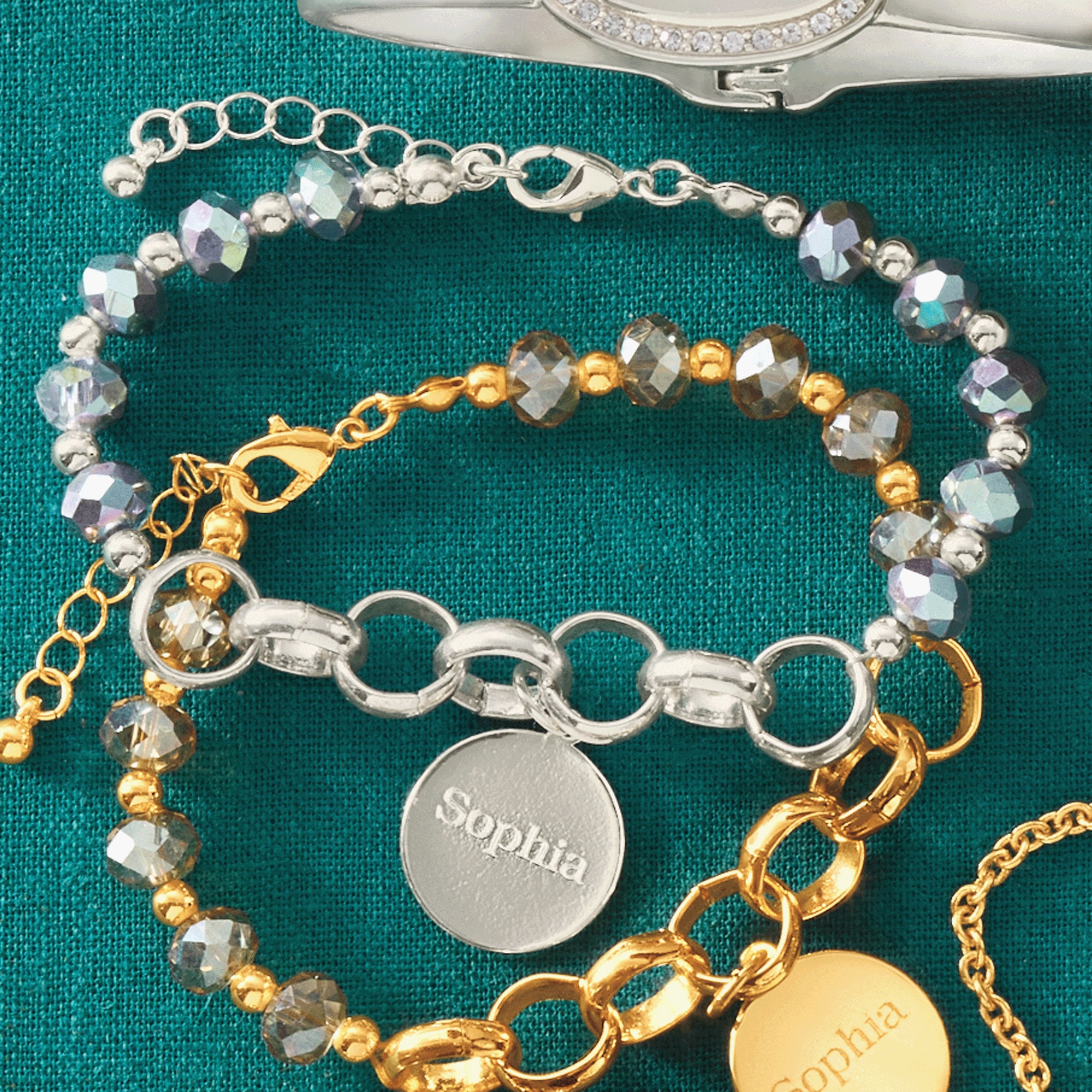 Personalized Name Round/Link/Crystal Bracelet, Silvertone, large