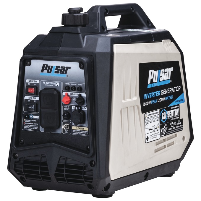 Pulsar 1600W/1200W Portable Gas Inverter Generator, Recoil Start with CO Alert, Black, large
