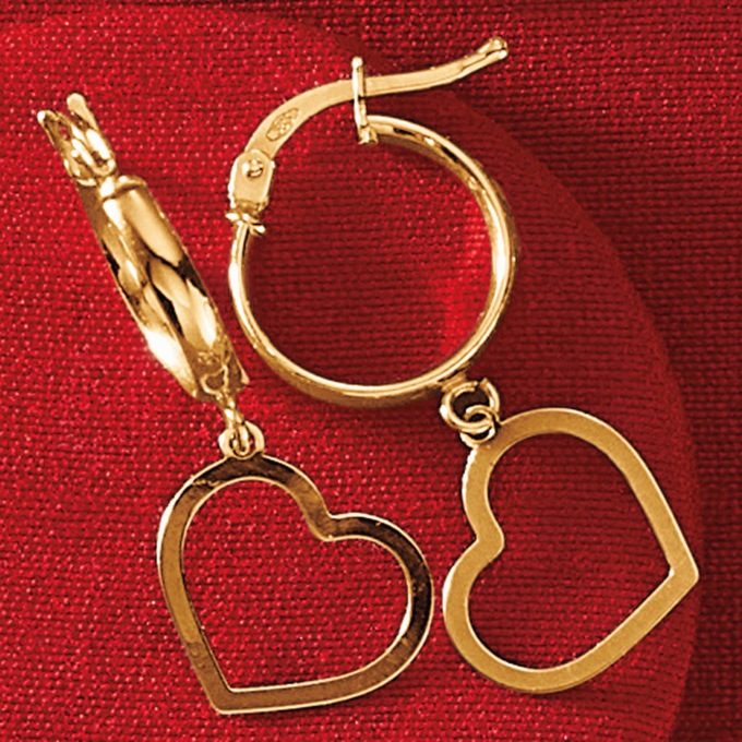 10K Gold Heart Dangle Hoops, , large