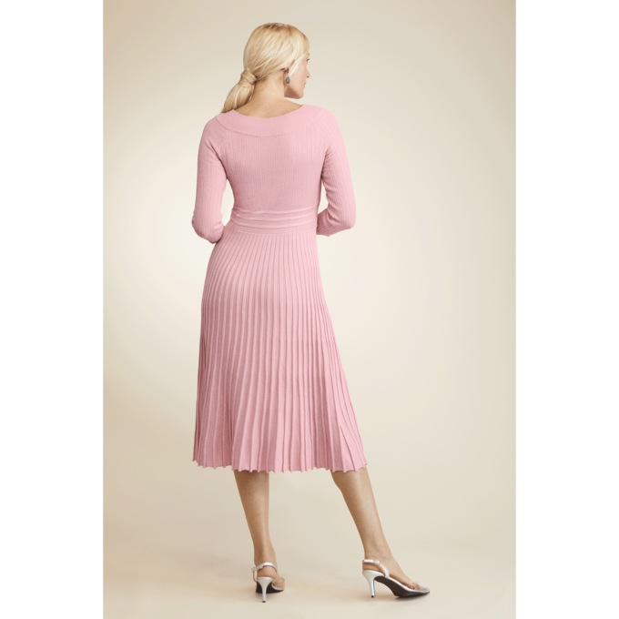 Shimmer Rib Women's Sweater Dress with Pleated Flared Skirt, Dusty Pink, large