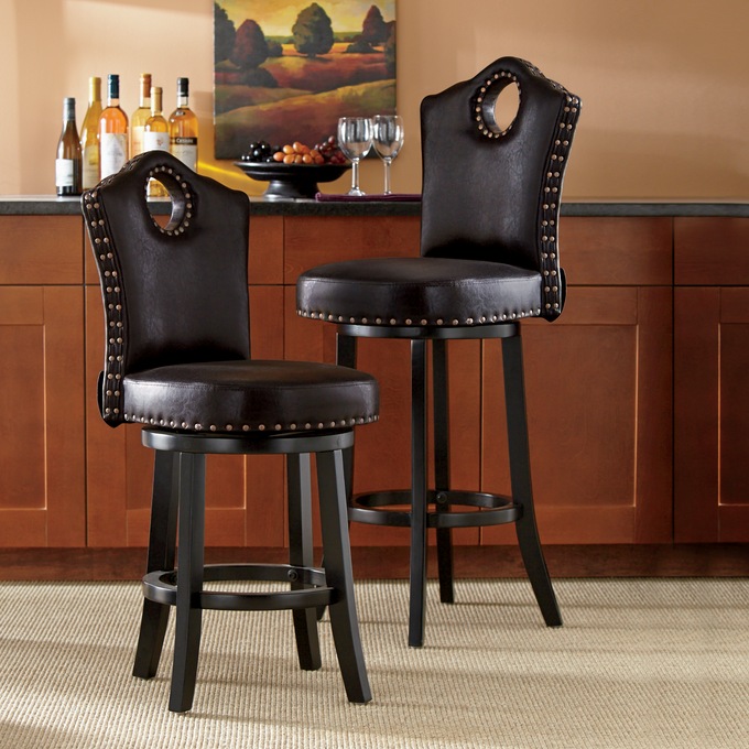 High-Back Swivel Bar Stool with Nailhead Trim, , large