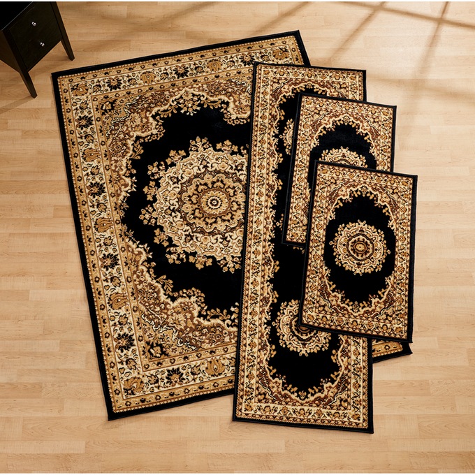 4-Piece Plush Floral Kirman Rug Set with Runner and Mats, , large