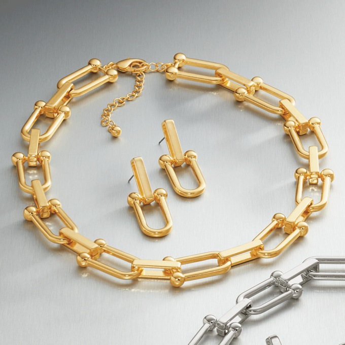 Stirrup Link Necklace and Earring Set, , large