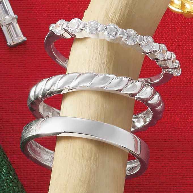 Cubic Zirconia 3-Piece Stacking Ring Set, , large