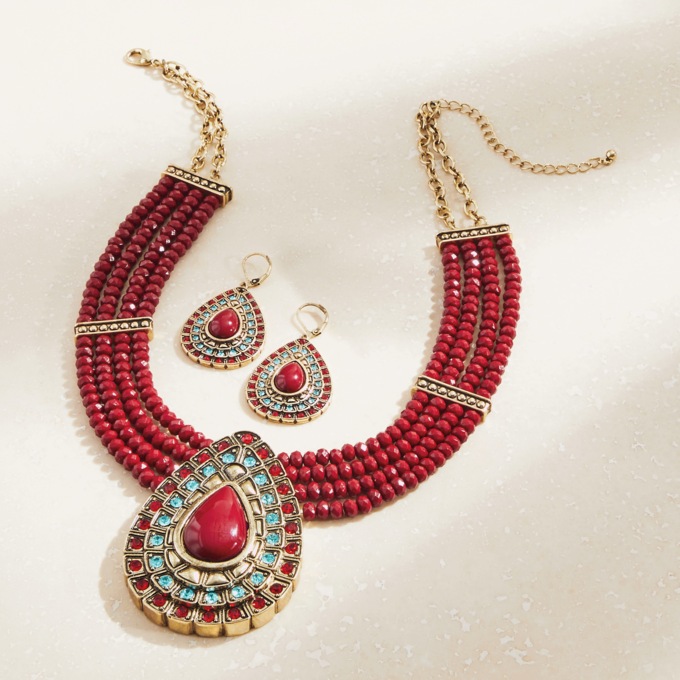 Pear/Multi-Crystal/Bead Necklace & Earrings Set, , large