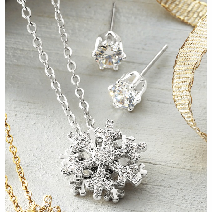 Cubic Zirconia Snowflake Necklace & Earring Set, Silvertone, large