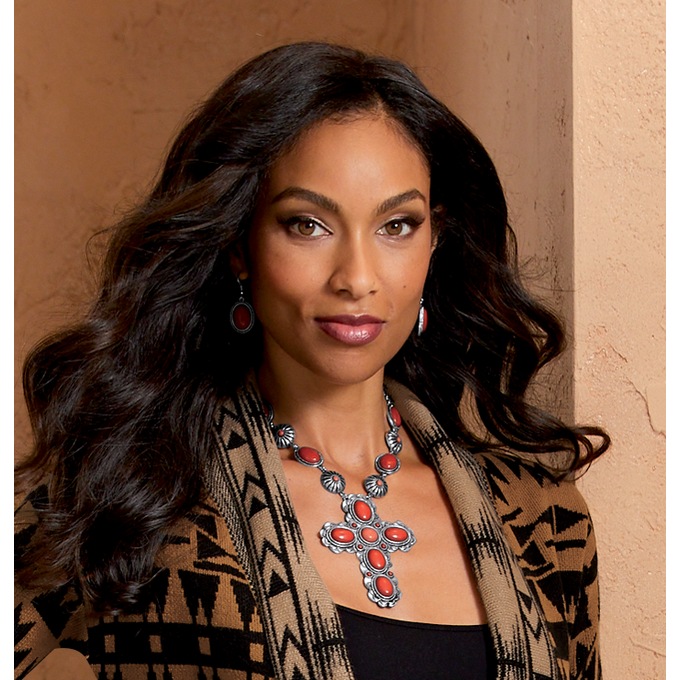 Faux-Stone Southwest Necklace and Earring Set, Faux Coral, large