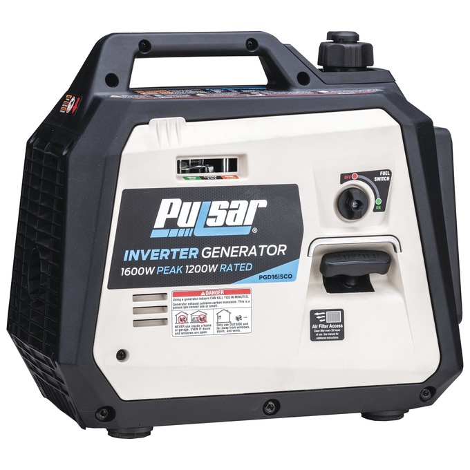 Pulsar 1600W/1200W Portable Gas Inverter Generator, Recoil Start with CO Alert, Black, large