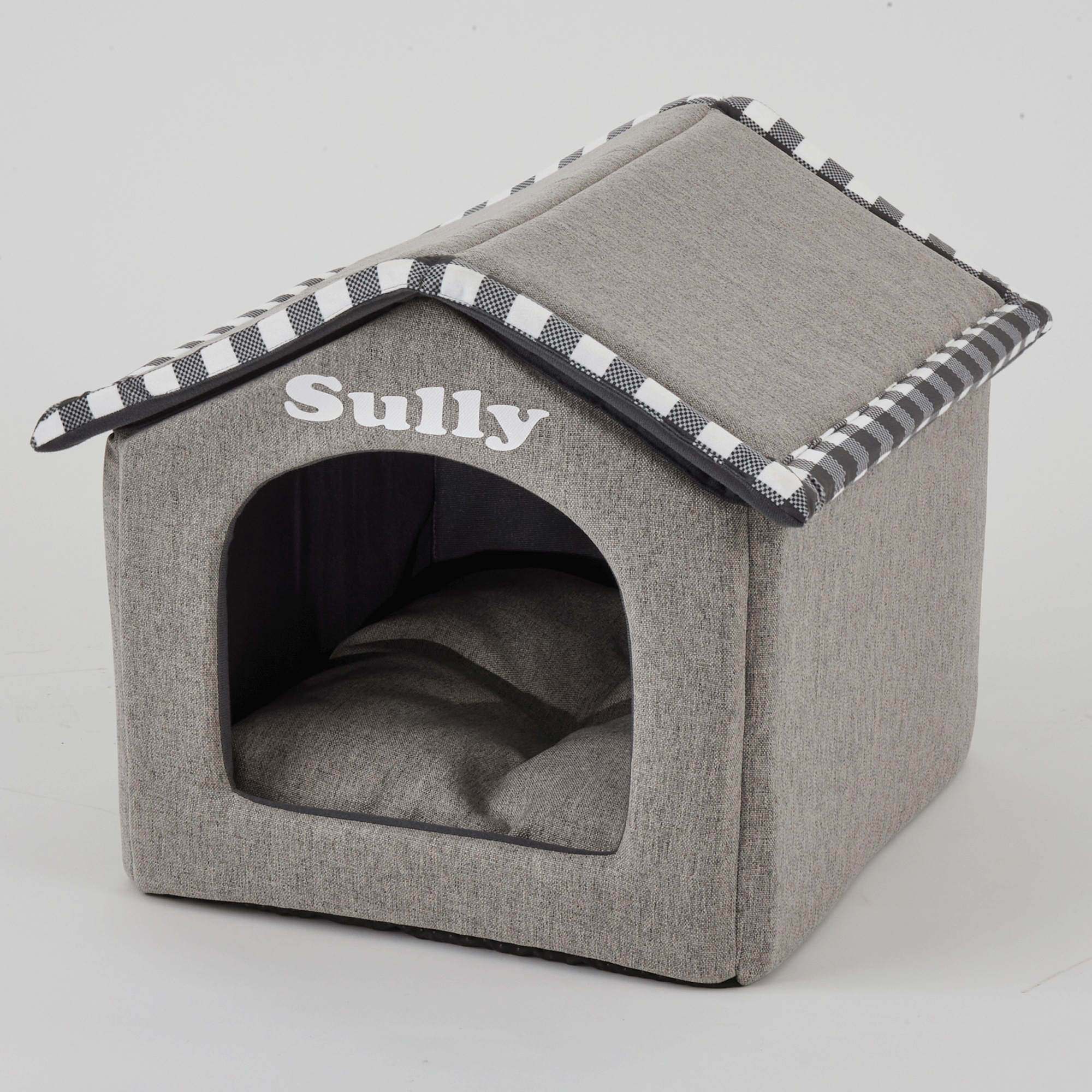 Soft Foldable Pet House, Gray with Gray and White Plaid, large