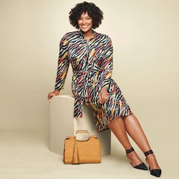 Ayva Bright Zebra-Print Tie-Waist Sheath Dress with Zip Front, , large