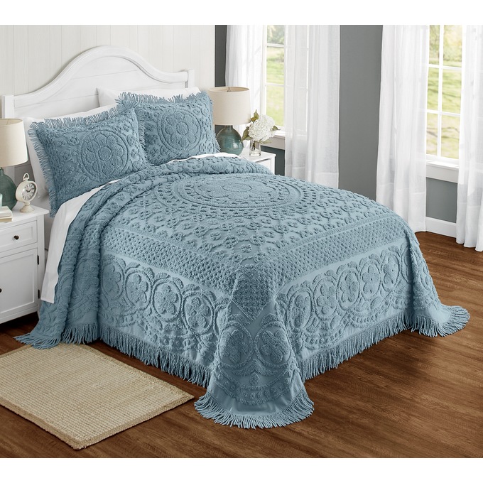 Emily Floral Chenille Bedspread, Blue, large