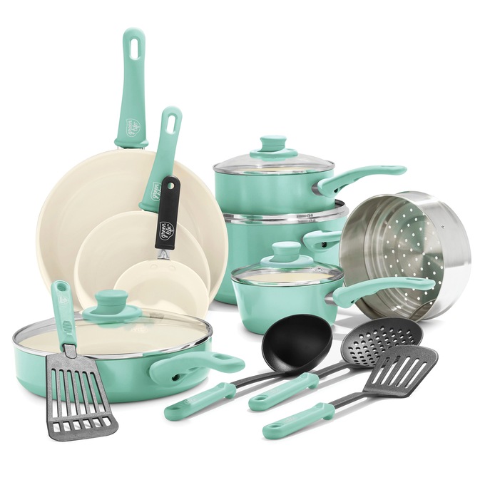 GreenLife 16-Piece Soft-Grip Cookware Set, Turquoise, large