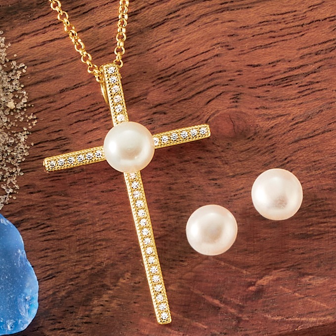 Gemstone Cross Pendant and Earring Set, , large