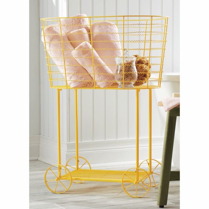 Vintage Rolling Laundry Cart, Yellow, large