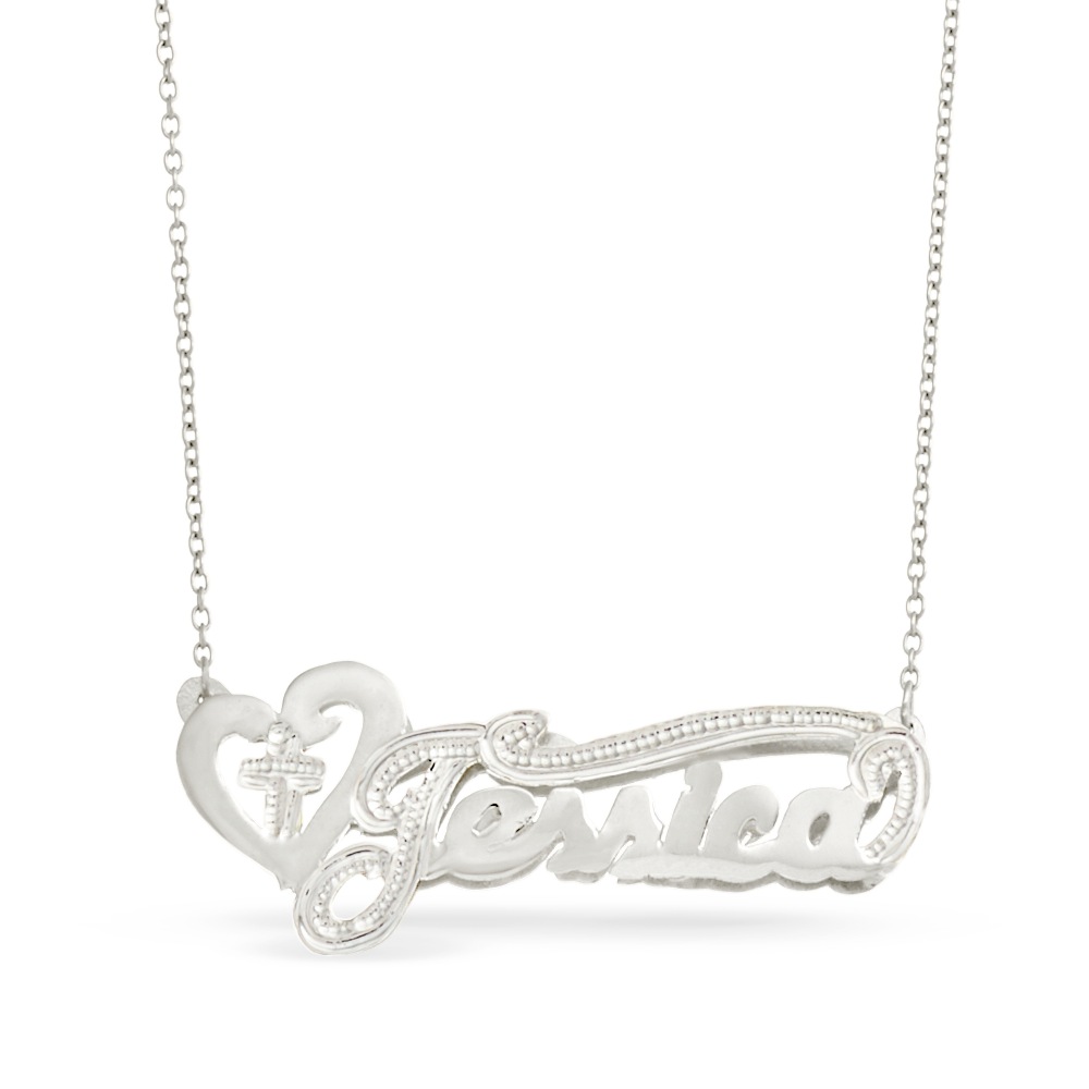 Name Necklace with Heart & Cross, Sterling Silver, large