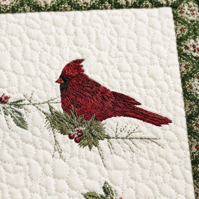 Cardinal Embroidered Hand-Pieced Quilted Bedspread, , large