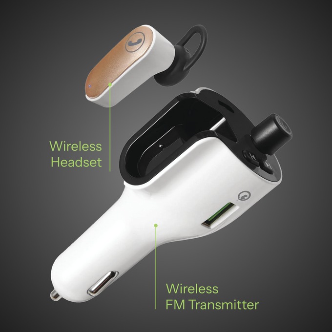 Bluetooth Vehicle FM Transmitter with Wireless Earbud, White, large