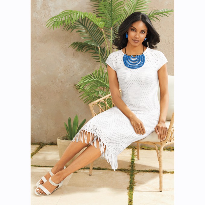 Fringe Diamond-Pattern Sweater Dress, , large