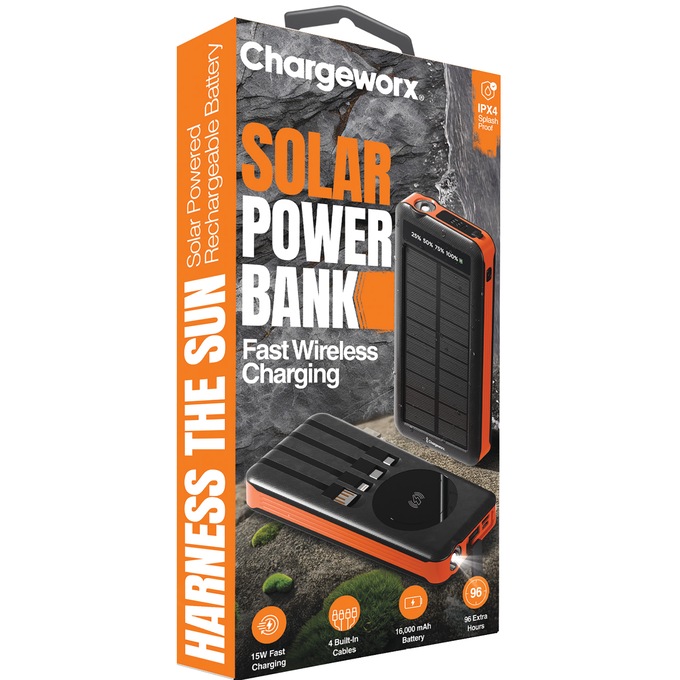 16,000mAh Solar Power Bank with Wireless Charging, Orange, large
