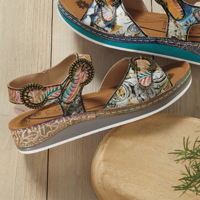 L'Artiste Offtrak Hand-Painted Leather Sandal with Low Heel and Adjustable Fit, , large