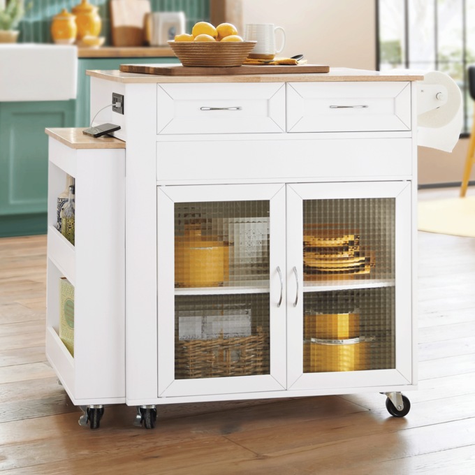 Powered Expandable Kitchen Island, White, large