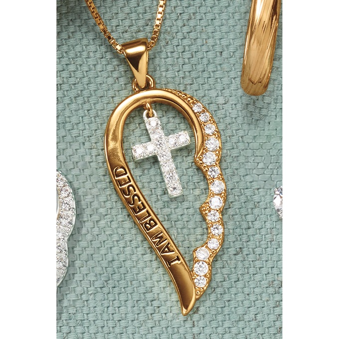 Cubic Zirconia Wings/Cross Blessed Pendant, Gold over Sterling Silver, large