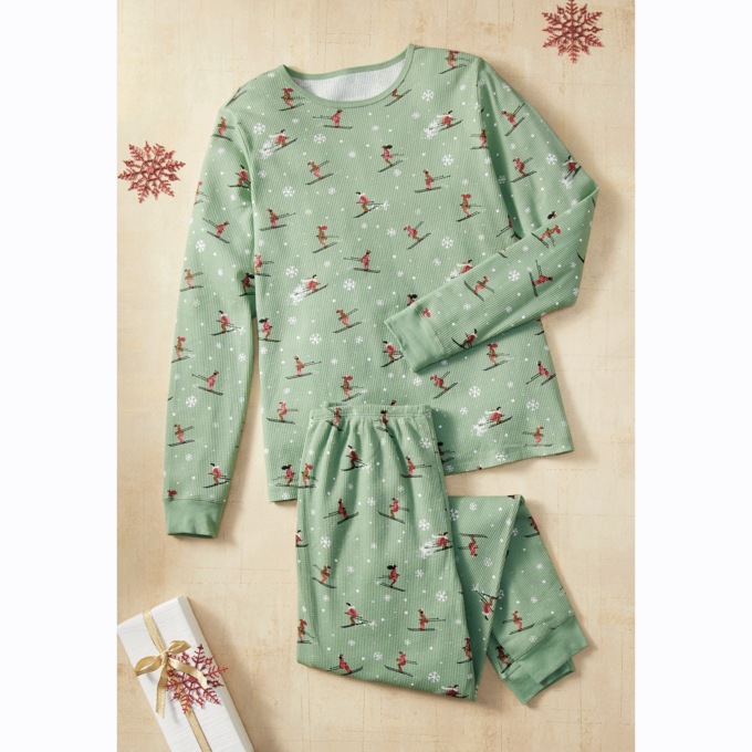 Snowy Slopes PJ Set in Organic Cotton with Skier and Snowflake Print, , large