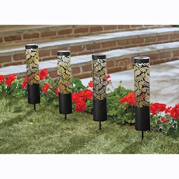 Set of 4 Solar Leaf Garden Pillars, , large