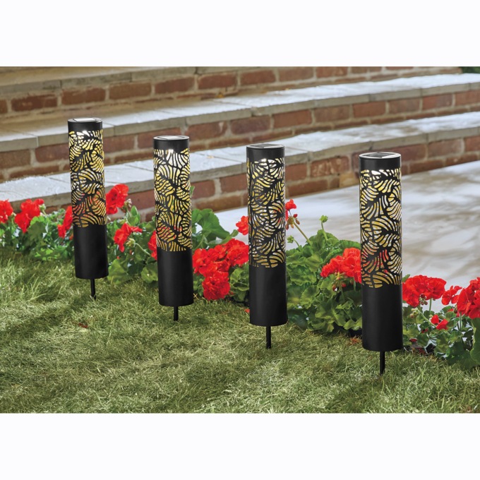 Set of 4 Solar Leaf Garden Pillars, , large