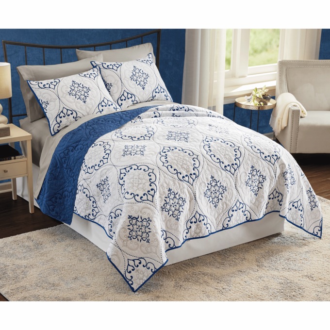 Chambers Embroidered 3-pc. Quilt Set, Navy, large