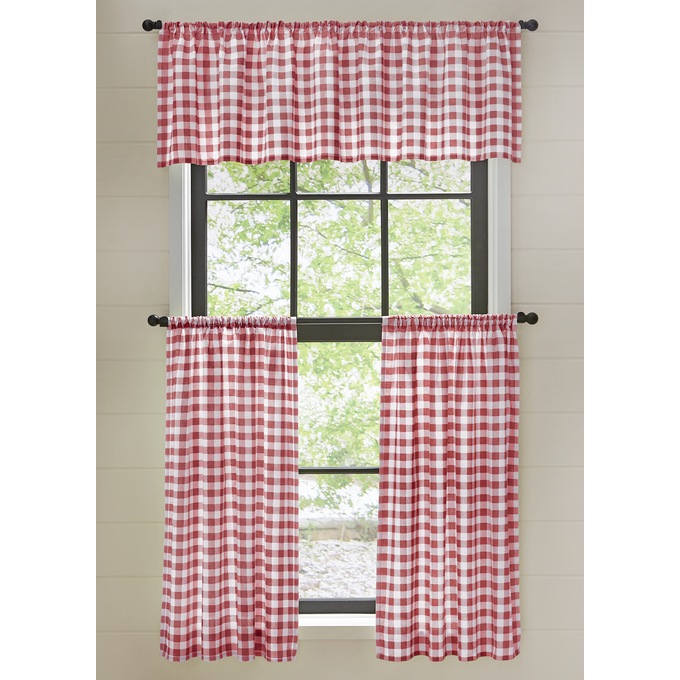 Cotton 3-Piece Gingham Kitchen Curtain Set with Valance and Tier Pair, , large