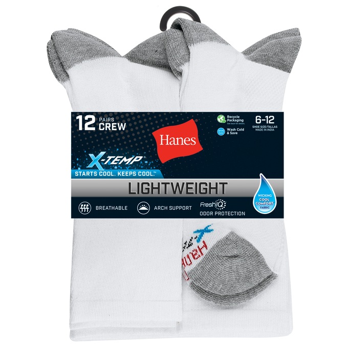 Hanes 12-Pack X-Temp Men's Crew Sock with Arch Support, White, large