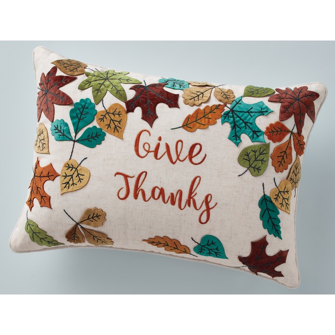 Give Thanks Appliquéd-Leaf Accent Pillow, , large
