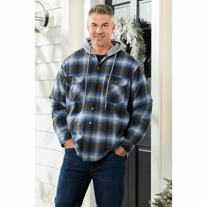 Quilt-Lined Flannel Hoodie, Blue, large