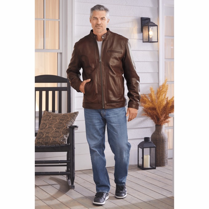 Sherpa-Lined Leather Coat, , large