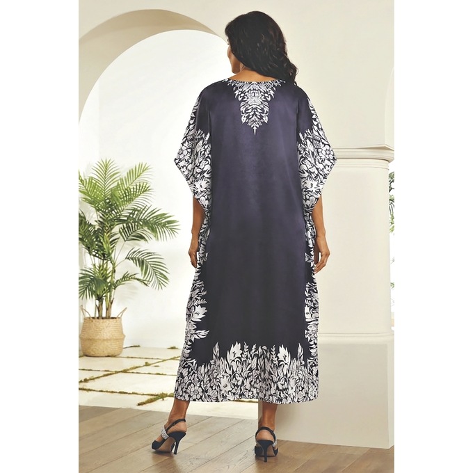 Mi Amor Long V-Neck Caftan with Floral Border, Deep Amethyst, large