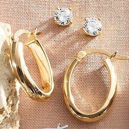 2-Pair Cubic Zirconia Stud &amp; Oval Hoop Earring Set, , large